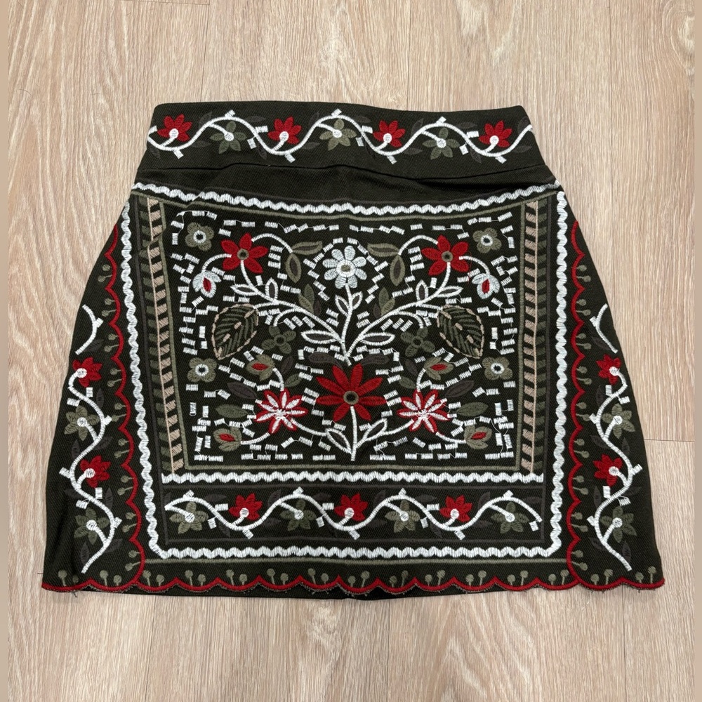Embroidered Floral Skirt - Green and Red